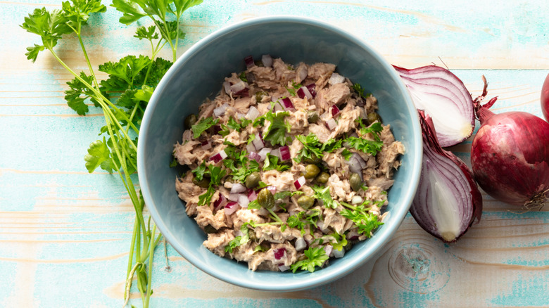 tuna salad with red onion, parsley, and capers