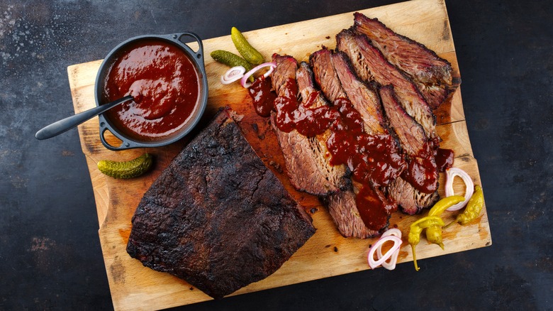 Slices of steak with sauce on top