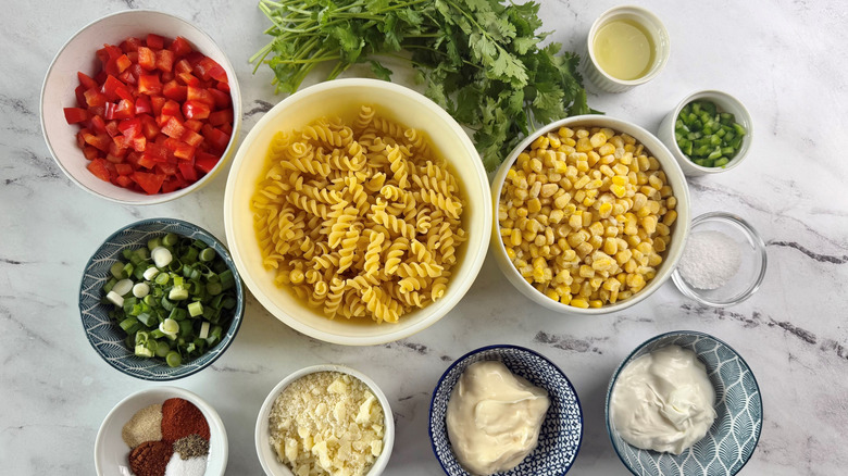 Ingredients for elote corn pasta salad