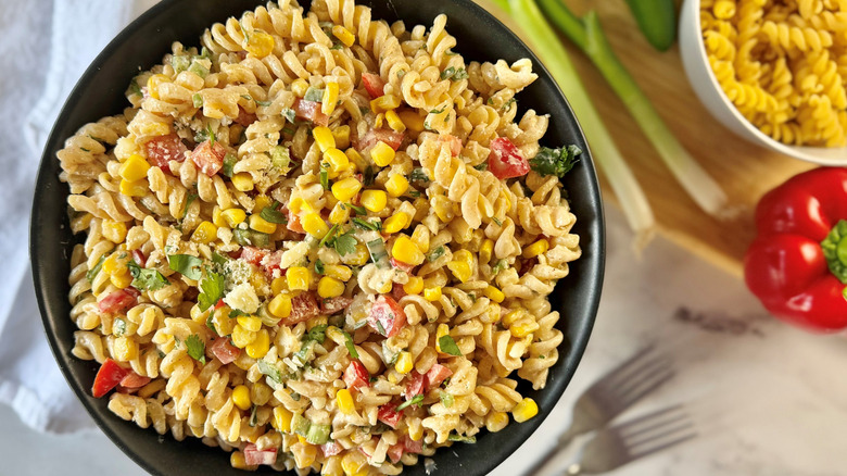 Elote corn pasta salad in bowl