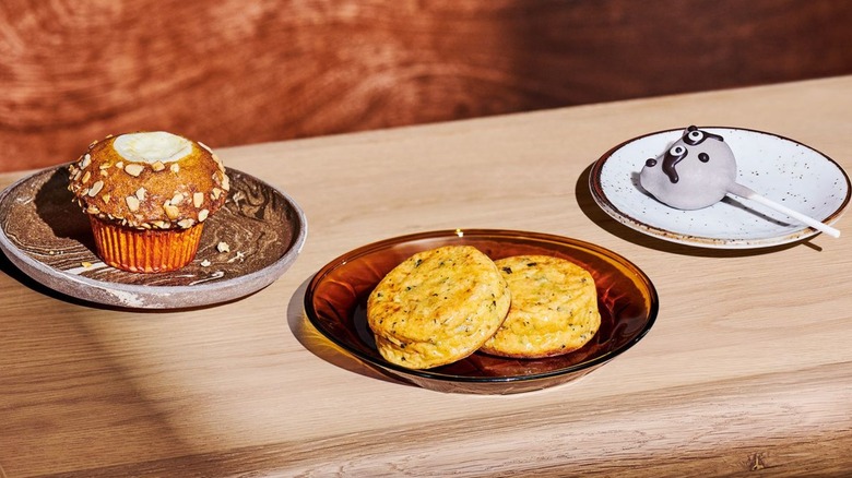 Starbucks pumpkin cream cheese muffin, egg bites, and raccoon cake pop