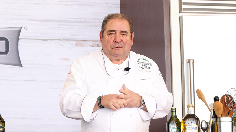 Emeril Lagasse is seen during his demonstration at the South Beach Wine and Food Festival Grand Tasting on February 25, 2023 in Miami Beach, Florida.