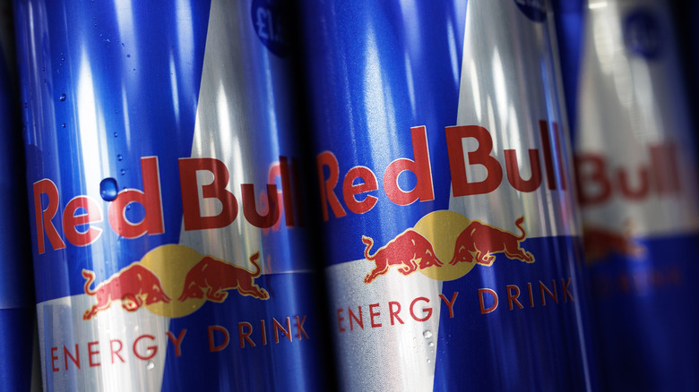 Close up of Red Bull cans
