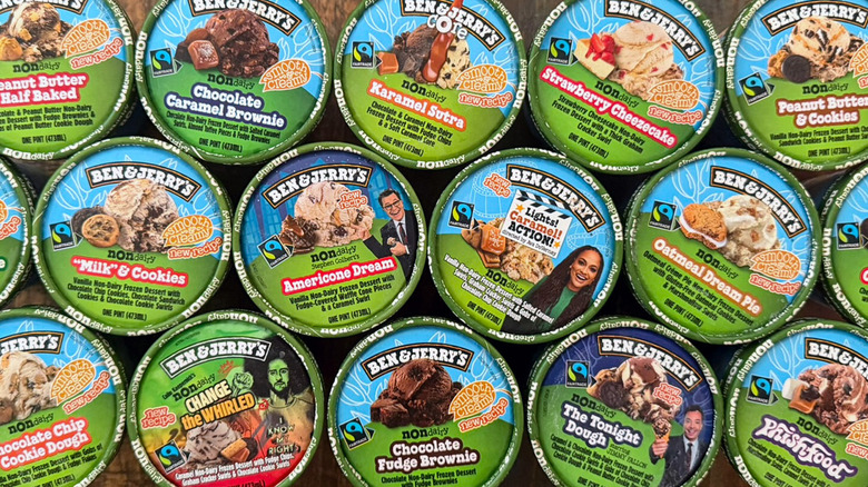 many pints of Ben & Jerry's non-dairy ice cream, including flavors like Oatmeal Dream Pie and The Tonight Dough