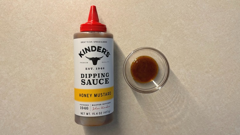 Kinder's Honey Mustard Dipping Sauce bottle and sauce in glass ramekin