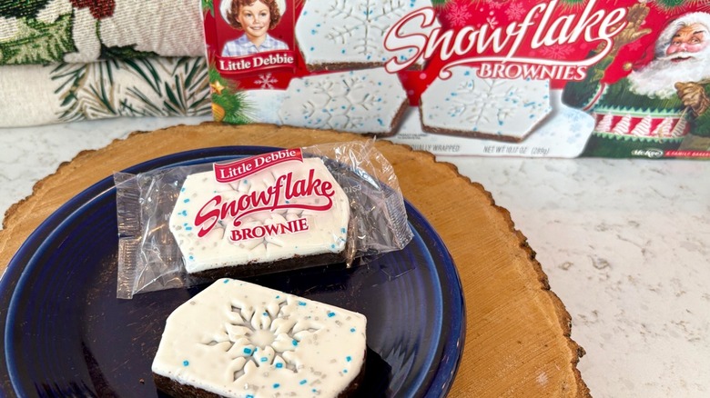 Little Debbie Snowflake Brownies on a blue plate