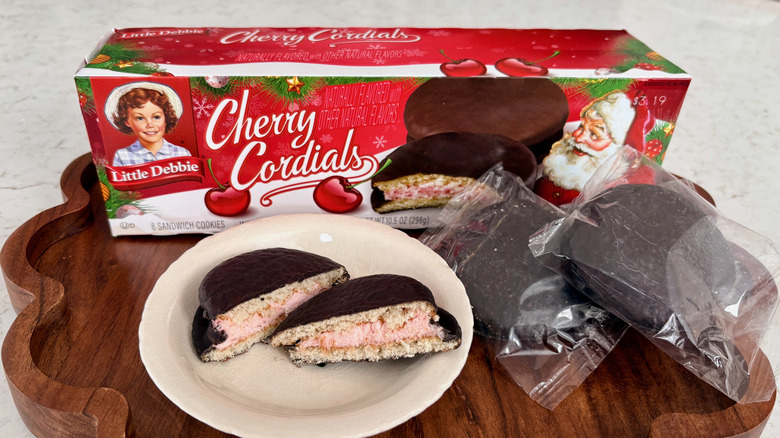 A box of Little Debbie Christmas Cherry Cordials on a tray