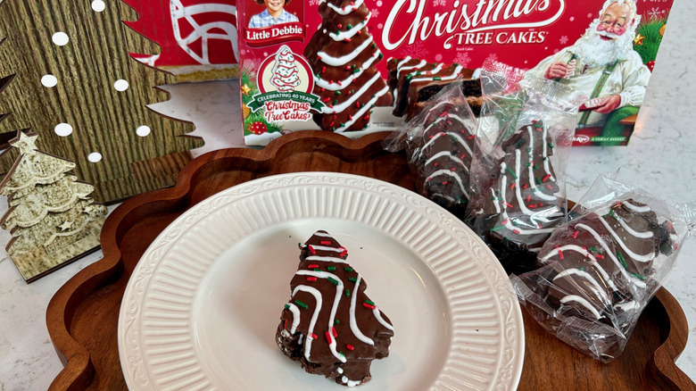 A tray with Little Debbie Chocolate Christmas Tree Cakes