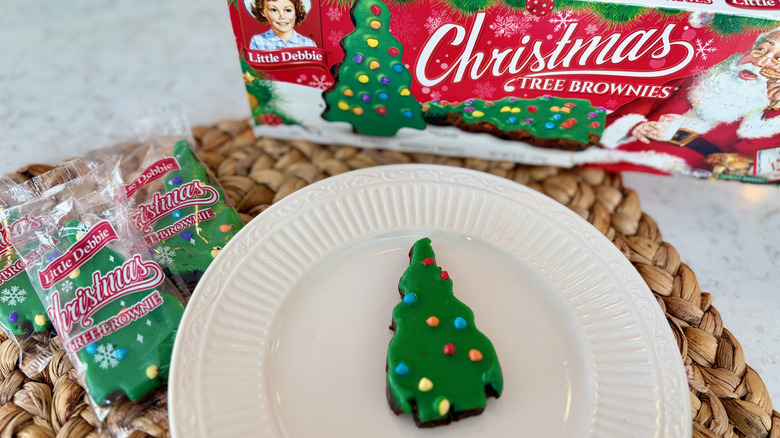 Little Debbie Christmas Tree Brownies unwrapped on plate