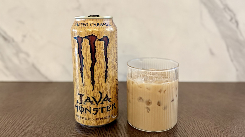Java Monster Salted Caramel can and poured in glass