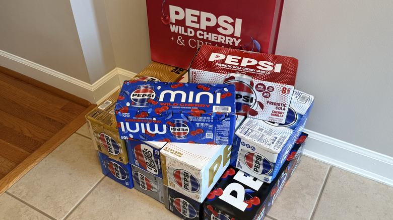 Boxes of a variety of different Pepsi beverages