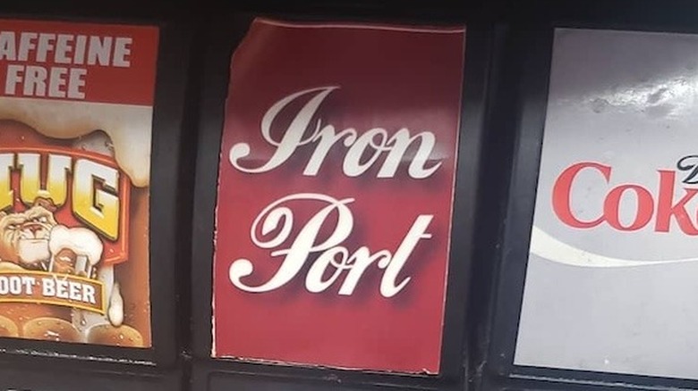 The iron port label on a fountain drink dispenser
