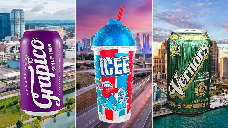 Grapico can, Icee cup, and a Vernors can atop city skylines