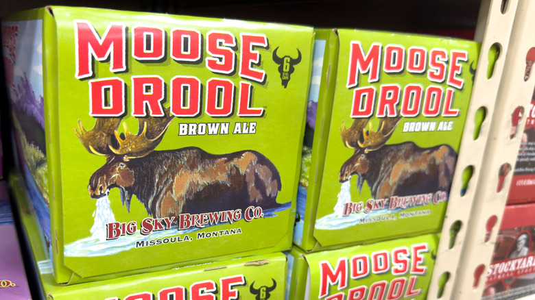 Boxes of Moose Drool ale on a store shelf