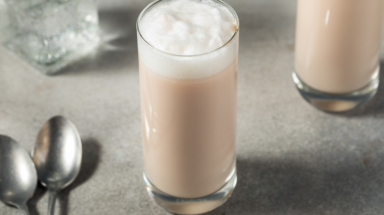 A glass of chocolate egg cream