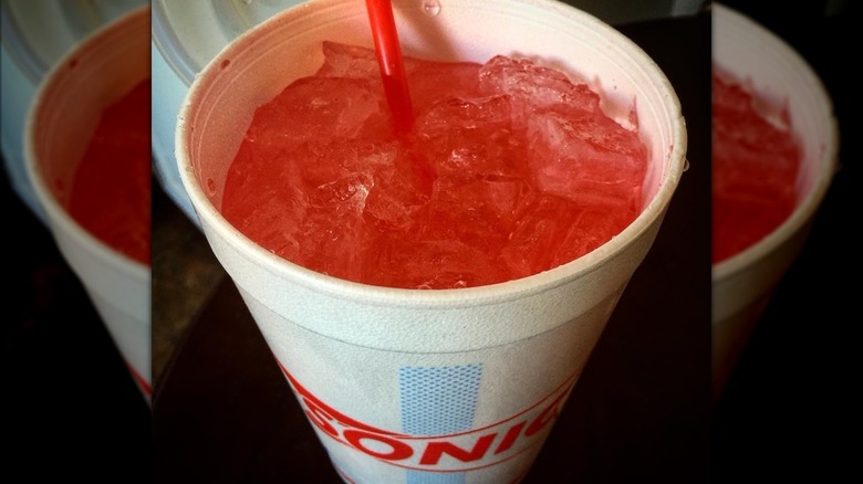 A cup of Sonic Cherry Limeade with ice