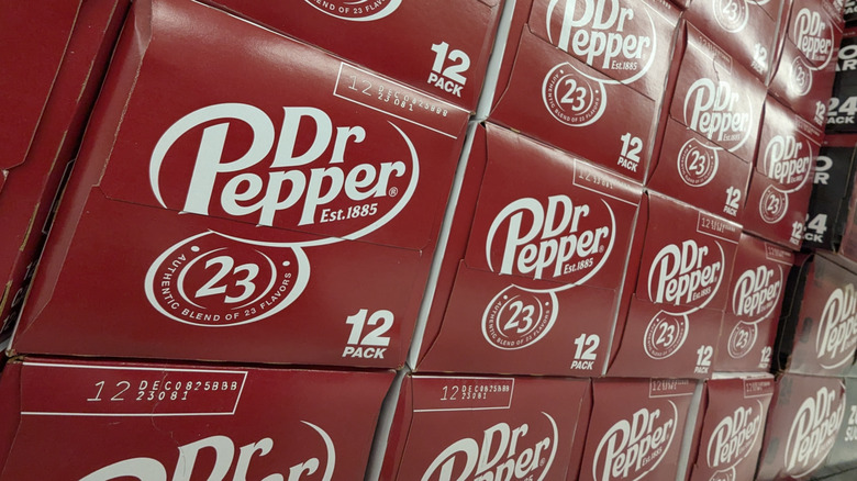 Dr Pepper boxes on a store shelf