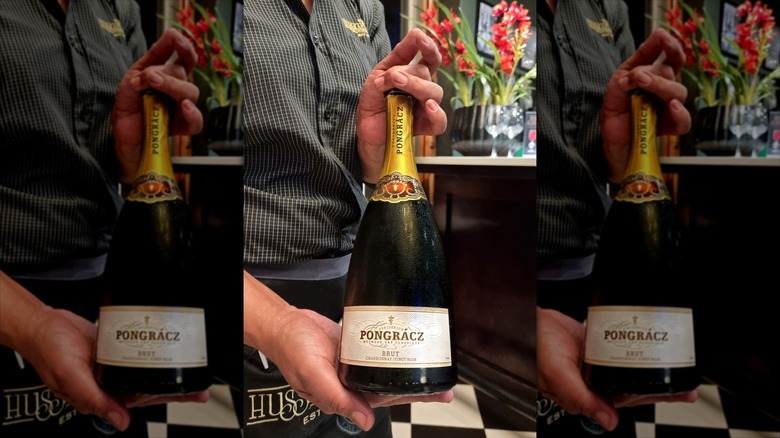 Hand holding bottle of Cap Classique sparkling wine