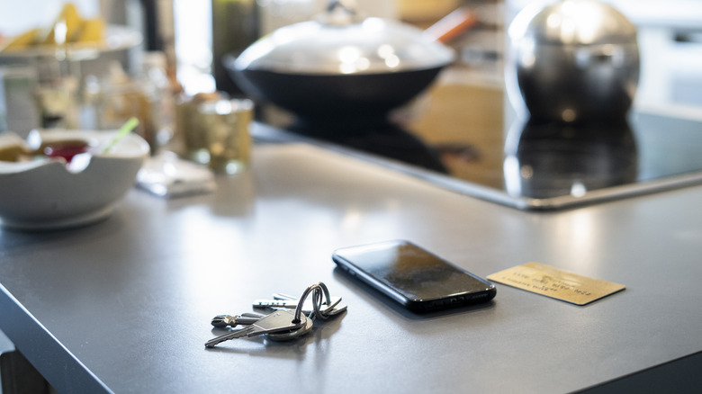 Keys and credit card on kitchen counter
