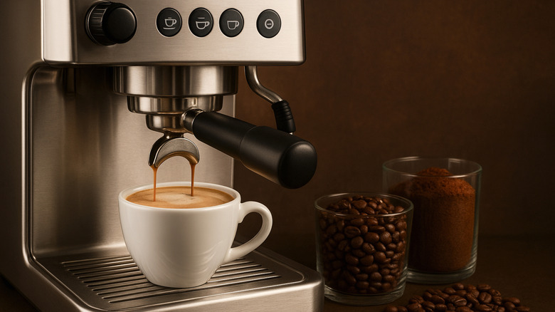 Close up of a coffee machine with a cup filling up and two jars of beans and ground coffee in the background