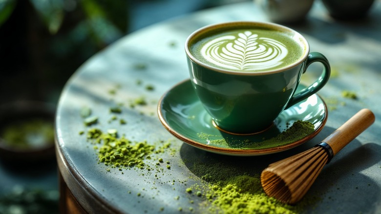 Green matcha latter with white design on top in a turquoise cup and saucer with matcha powder and a wooden brush around it