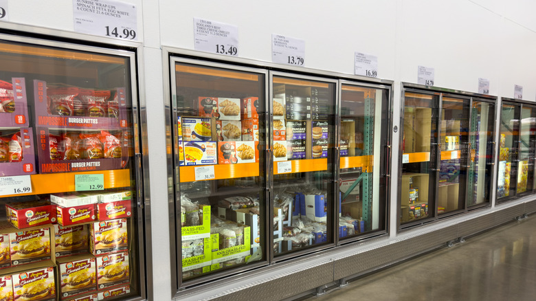 Frozen meals with price tag labels in Costco's freezers