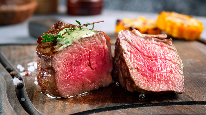 Filet mignon cut in half 