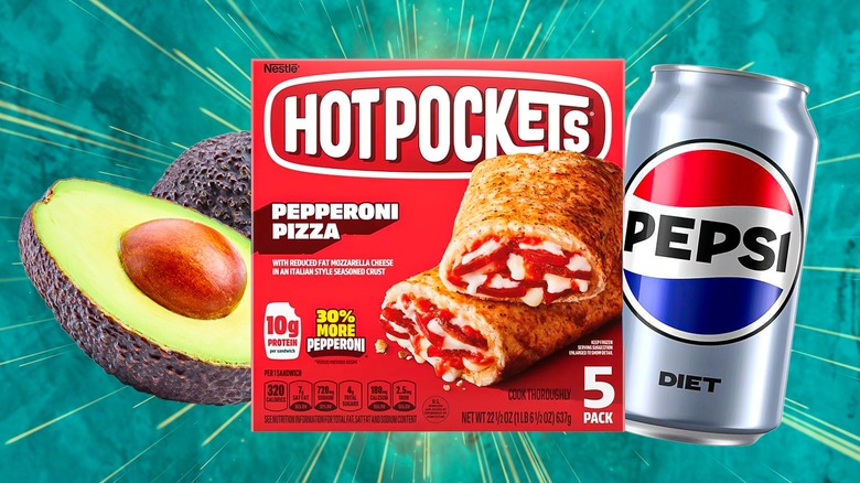 Halved avocado, a packet of Hot Pockets, and a can of Diet Pepsi