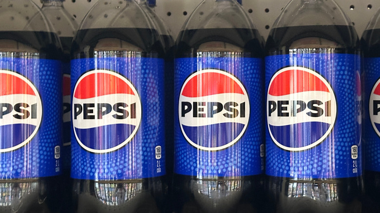 Two-liter bottles of Pepsi on store shelf