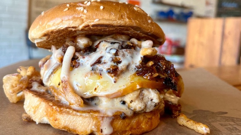 burger with cheese and onions from Farm Burger