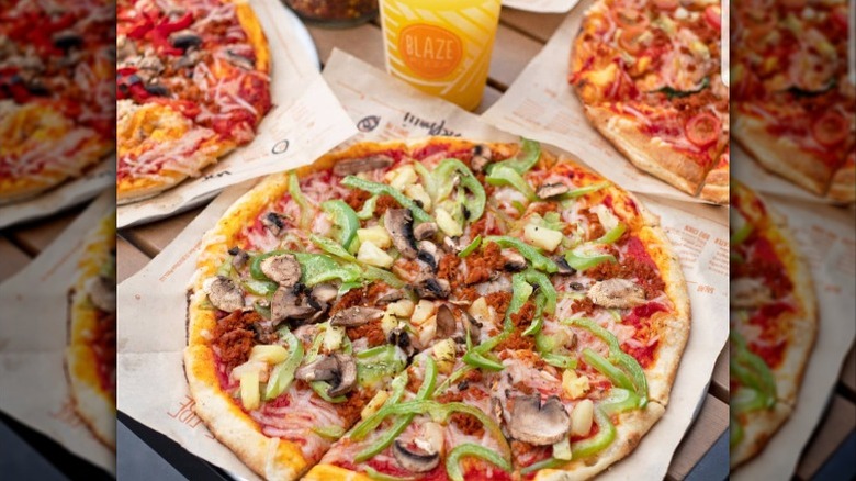 Blaze Pizza vegan pizza with vegan cheese, chorizo, and vegetables