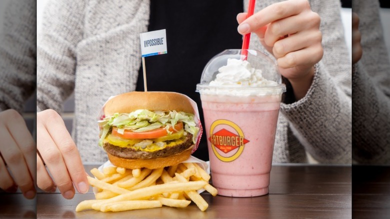 Fatburger Impossible burger with vegan strawberry shake and fries