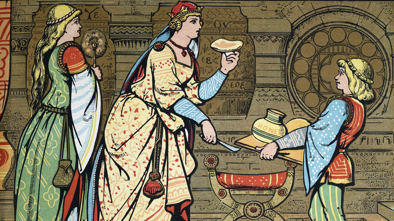 A medieval painting depicting a woman eating bread and honey