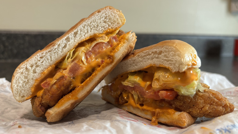 Dairy Queen FlameThrower Chicken Strip Sandwich cut in half on wrapper