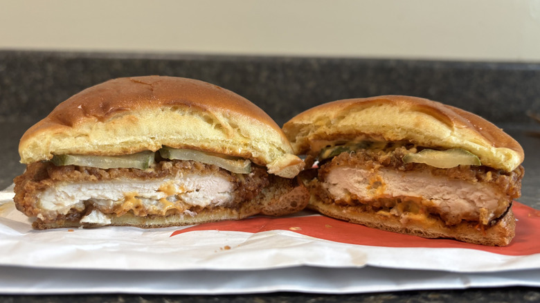 McDonald's Spicy McCrispy cut in half on wrapper