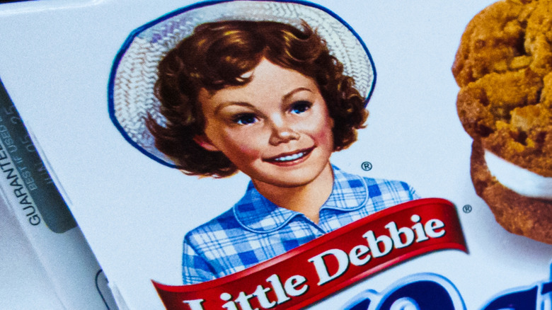A closeup of a Little Debbie box with logo showing