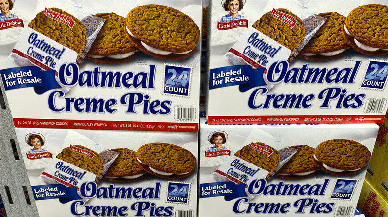 Stacks of boxes of Little Debbie oatmeal creme pies