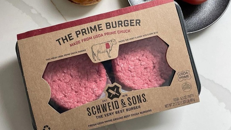 Package of burger meat from Schweid & Sons sitting on a table.
