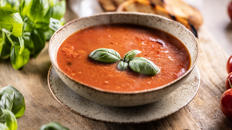 Bowl of garnished tomato soup surrounded by greens