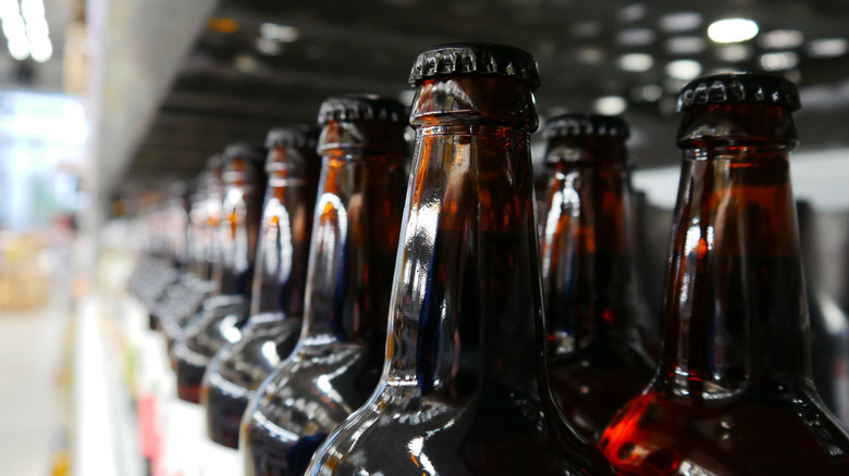A row of beer bottles on a store shelf