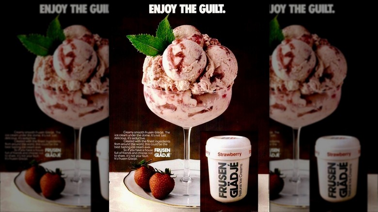 Frusen Glädjé ad with a goblet of ice cream on a white plate.