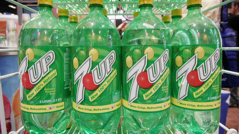Bottles of 7-Up in store