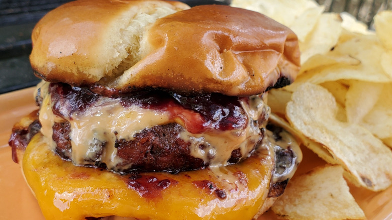 Peanut butter burger with a side of chips