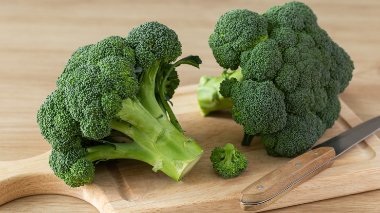 Two broccoli crowns facing opposite directions on a wooden cutting board with a wood handle knife nearby