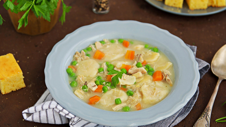 A bowl of chicken and dumplings with vegetables