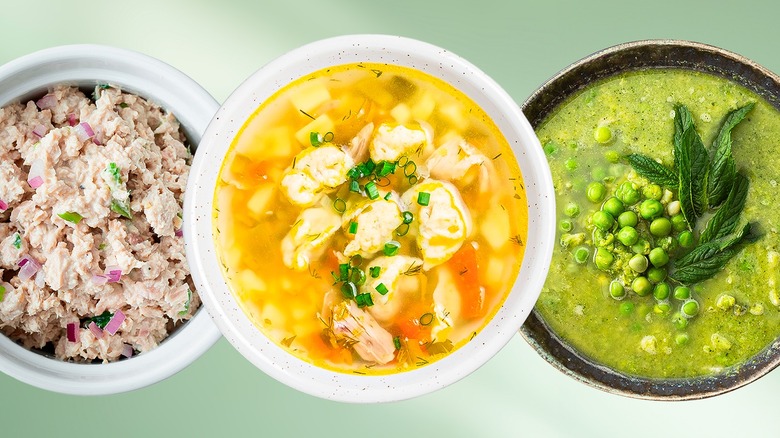 pea soup, tuna salad, chicken and dumplings