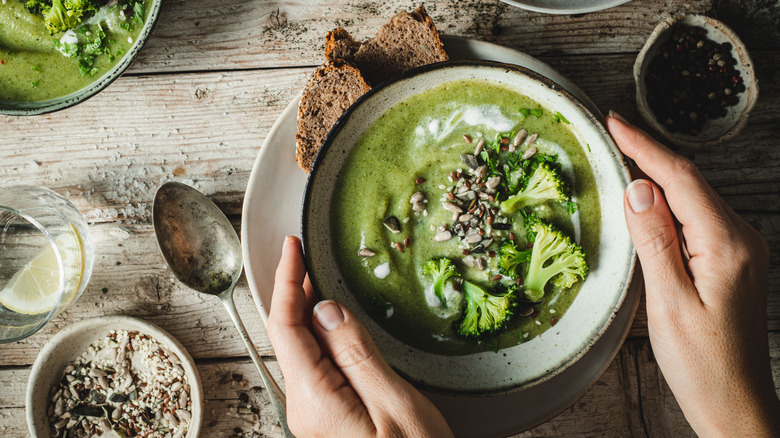 Hands holding a bowl of green soup topped with seeds and broccoli