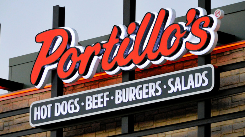 A Portillo's sign on the outside of a Portillo's restaurant