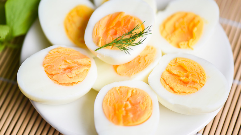 hard boiled egg halves on a plate
