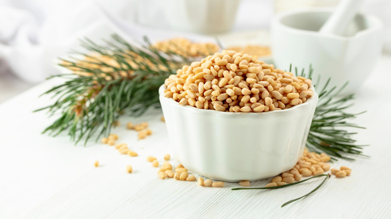 A white bowl of pine nuts with pine sprigs in the background.